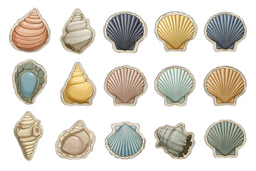 A collection of various colorful seashells on transparent background