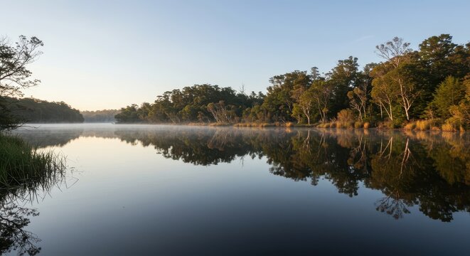 An absolutely perfect, undisturbed reflection of the calm natural landscape in pristine, glass-like water during early morning ,smooth ,mirror ,glass