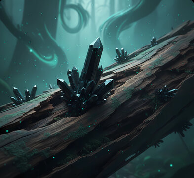 Sharp black obsidian crystals growing from ancient wood, dark fantasy aesthetic, emerald green highlights