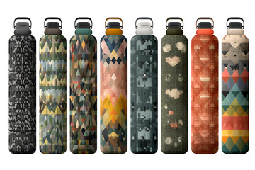 A collection of colorful water bottles with unique patterns and designs on transparent background