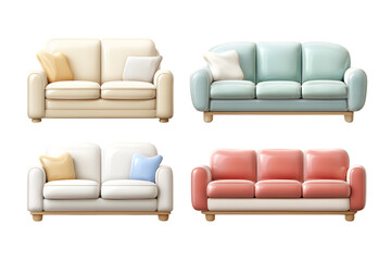 Four different colored sofas with throw pillows on transparent background