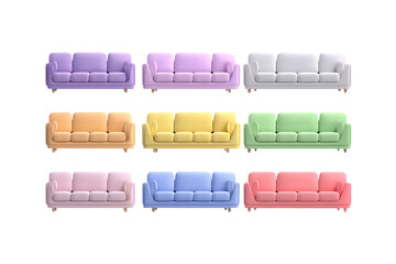 A collection of colorful couches in various shades on transparent background