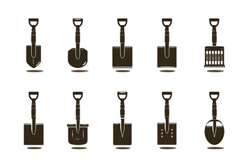 A collection of various garden shovels and spades on transparent background