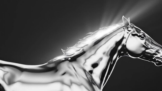 A shiny metal horse head sculpture against a dark background, evoking a sense of modernity and sophistication.