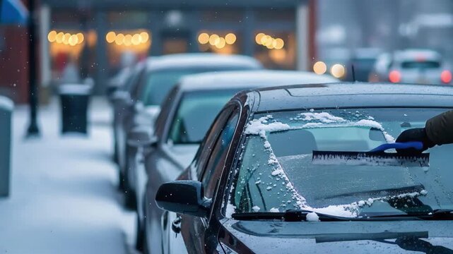 Close-up of scraping snow and ice from a car windshield on a cold winter day. Person cleaning vehicle glass with a blue scraper during snowfall on a city street. Winter transportation maintenance