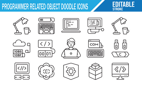 Black line icons of computer and programming objects.