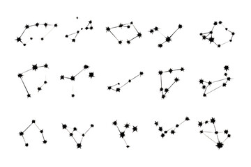 A collection of white molecular structures on a black background arranged in a grid pattern on transparent background