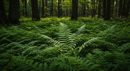 Lush green ferns carpet the humid forest floor deep within the woods during the warm, bright summer season creating a tranquil scene ,texture ,dense ,wilderness