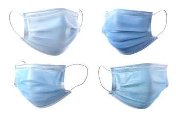 Four blue surgical masks are arranged on a transparent background for medical use on transparent background