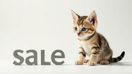 Cute gray tabby kitten and SALE text, banner for pet business promotion. Veterinary clinic advertising, pet store discount sale announcement. copy space, free space for text