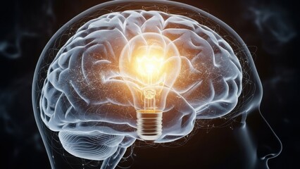 Conceptual Brain With Glowing Light Bulb For Idea Generation