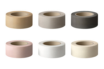 Six rolls of colored kinesiology tape on transparent background