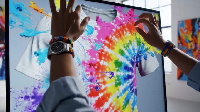 Person Virtually Designing Colorful Tie Dye Shirt on Screen Display