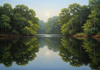 Serene oil painting depicting a reflective body of water bordered by dense forest canopy under a bright, tranquil sky ,tranquil, environment, artwork