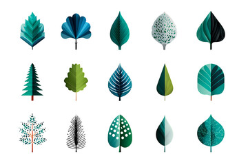 A collection of 16 stylized leaves in various shades of green and blue arranged in a grid pattern on a black background on transparent background