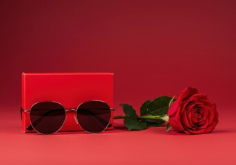 Stylish chocolate box wearing sunglasses beside a single red rose, symbolizing modern romance and playful indulgence ,luxurious, sweet, rose