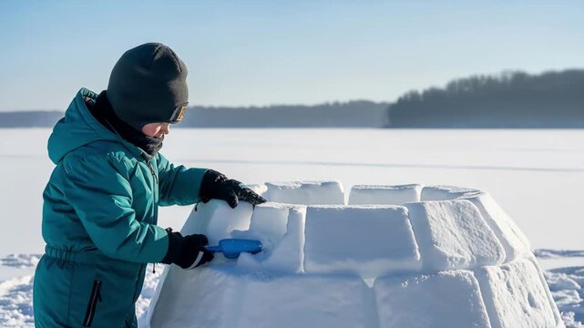 Child building an igloo with snow blocks on a frozen lake. Young kid in a teal snowsuit constructing a winter shelter. Outdoor winter play and childhood activity