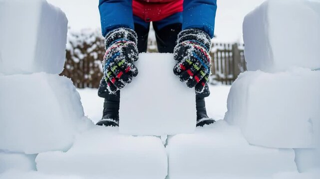 Child building an igloo with snow blocks. Close-up of hands in colorful gloves placing a snow brick on a wall. Winter outdoor play and construction concept