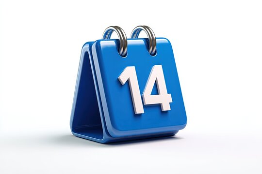 Blue Calendar: The image captures a clean, studio shot of a vibrant blue desk calendar, prominently displaying the number 14. 