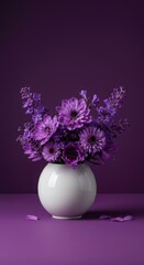 A beautiful, vibrant purple flower arrangement centerpiece resting on a smooth purple surface, creating a stunning monochrome display ,still life, floral, botanicals