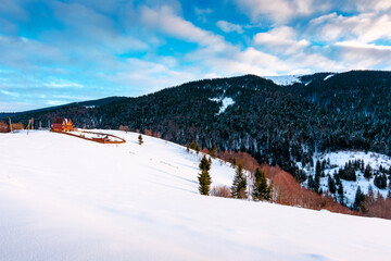 beautiful winter landscape with snow covered hills on sunny morning. serene rural scene in...