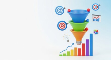Three tiered colorful sales funnel diagram with charts graphs and targets illustrating business growth.