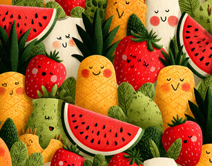 A cheerful fruit pattern of juicy watermelon, ripe strawberries and adorable pineapples. A colorful, happy design with smiling fruit faces, a vibrant summer feel