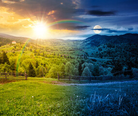 day and night time change concept. wooden fence in mountains with sun and moon. alpine countryside in spring. duality and transition template