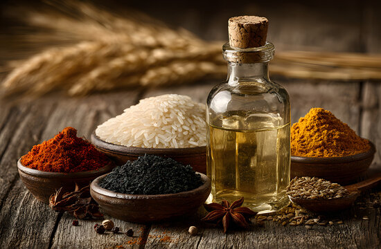 Amber rice vinegar in glass bottle with cork. Beside it piles of white salt rice grains and spice in small clay bowls on rustic wood table. Wheat stalks background adds natural feel.