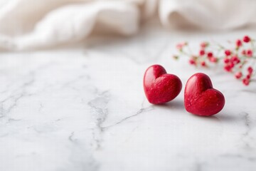 bright airy romance on marble surface, Valentine’s Day theme, photorealistic stock photography, shallow depth of field, realistic textures, clean composition