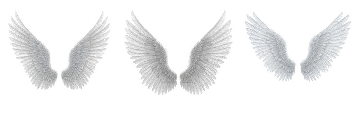Set of Three Pairs of White Feathered Wings in Various Poses – Oil Paint Style PNG, Perfect for Angel & Fantasy Designs