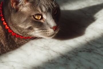 cat with heart collar on marble surface, Valentine&rsquo;s Day theme, moody shadows, eye-level perspective, realistic textures, clean composition