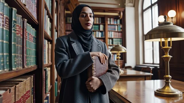 Muslim Woman Reads and Closes Book in Traditional Library Setting