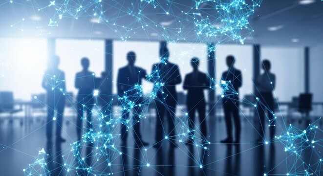 Silhouettes of a diverse business team in an office setting with a glowing blue network overlay. - Powered by Adobe