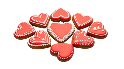 A collection of heart-shaped cookies decorated with red icing and white details on a white background Isolated on a white background