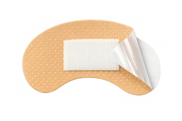 Beige flexible adhesive bandage featuring a gauze pad and a partially peeled liner for easy application, offering wound care