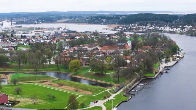 old town encircled by ramparts moats along glomma river red roofs promenades harbor views define fredrikstad norway wide aerial drone view fortified 