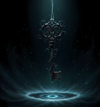 Ornate antique iron key floating in misty dark forest, mystery and fantasy concept