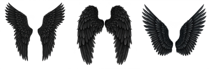 Set of Three Pairs of Black Feathered Wings in Various Poses – Oil Paint Style PNG, Perfect for Fantasy & Angel Designs