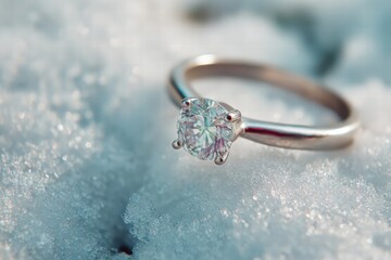 engagement ring in a snowy park, Valentine&rsquo;s Day theme, cool color palette, shallow depth of field, realistic textures, clean composition