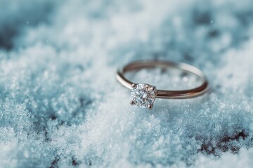 engagement ring in a snowy park, Valentine&rsquo;s Day theme, cool color palette, shallow depth of field, realistic textures, clean composition