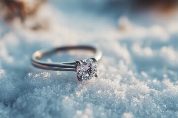 engagement ring in a snowy park, Valentine&rsquo;s Day theme, cool color palette, shallow depth of field, realistic textures, clean composition