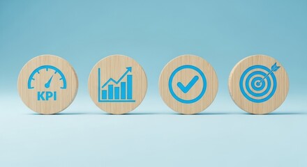KPI graph check mark and target icons on wooden circles against a light blue background.