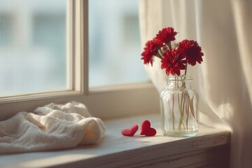 minimal still life near a large window, Valentine&rsquo;s Day theme, dramatic low-key lighting, shallow depth of field, realistic textures