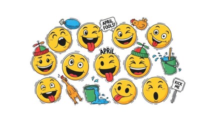 Obraz premium Collection of happy and mischievous emoji faces expressing various April Fools pranks and humor on a bright background.
