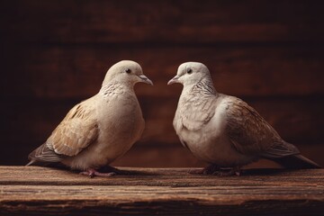 pair of doves on a rustic wooden table, Valentine&rsquo;s Day theme, dramatic low-key lighting, deep focus, realistic textures, clean composition