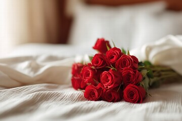 red roses bouquet in nature, Valentine&rsquo;s Day theme, soft natural lighting, eye-level perspective, realistic textures, clean composition