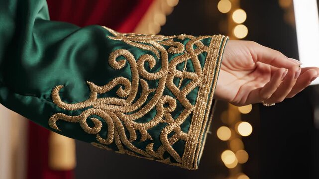Elegant Hand Poses in Green Embroidered Sleeve Against Festive Background