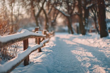 rustic countryside romance in a snowy park, Valentine&rsquo;s Day theme, cinematic lighting, shallow depth of field, realistic textures, clean composition