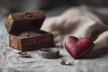 vintage valentines objects against dark background, Valentine&rsquo;s Day theme, neutral tones, deep focus, realistic textures, clean composition